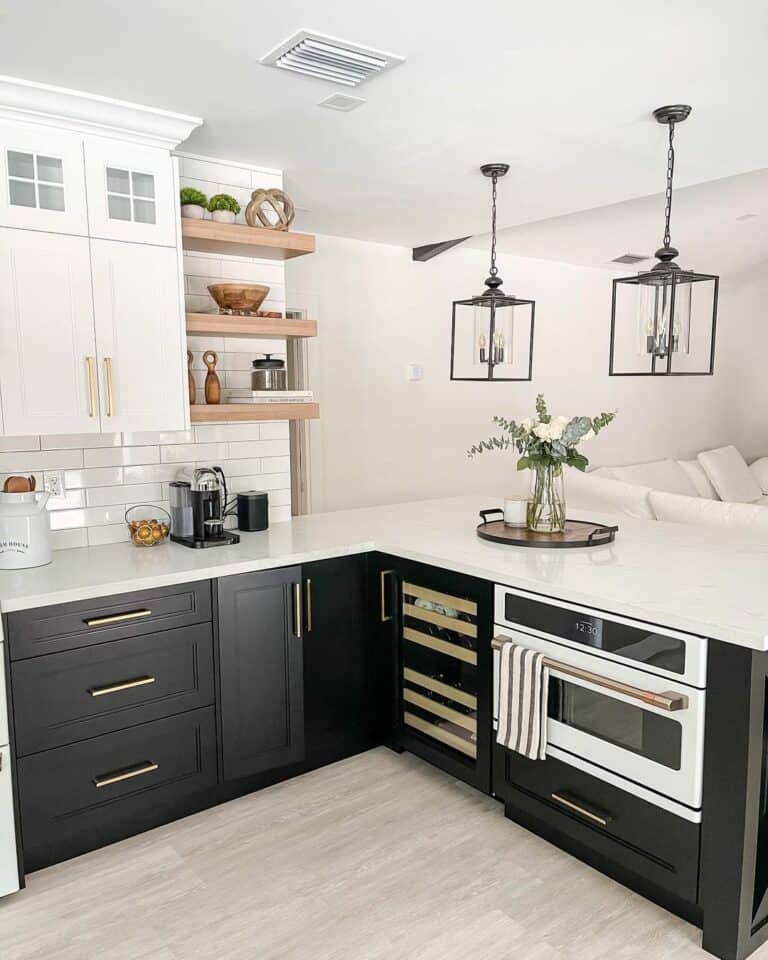 Black Lower Cabinets and Matching Pendants