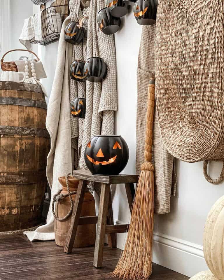 Black Pumpkin Lanterns in Neutral Kitchen