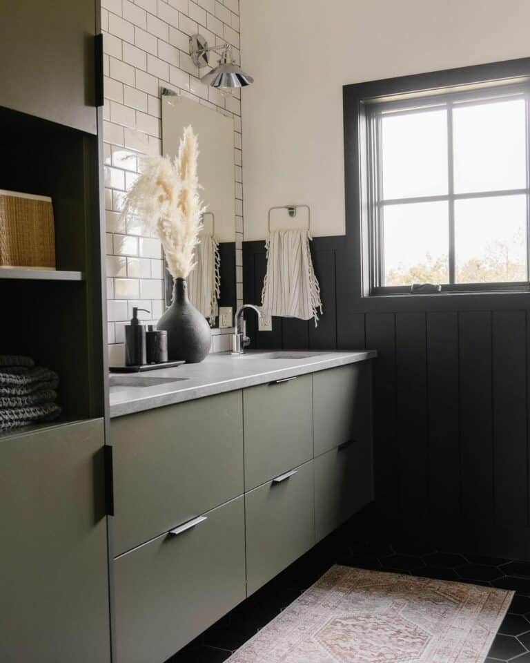 Black Vertical Shiplap Bathroom with Flat Front Cabinets