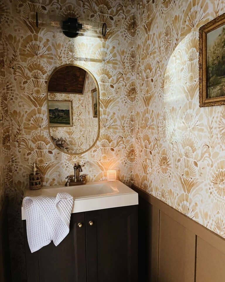 Black and Brown Neutral Bathroom With Paisley Wallpaper