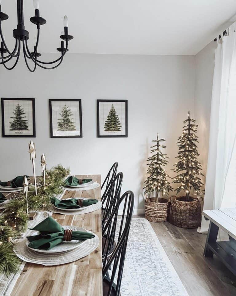 Black and White Dining Room with Christmas Tree Baskets