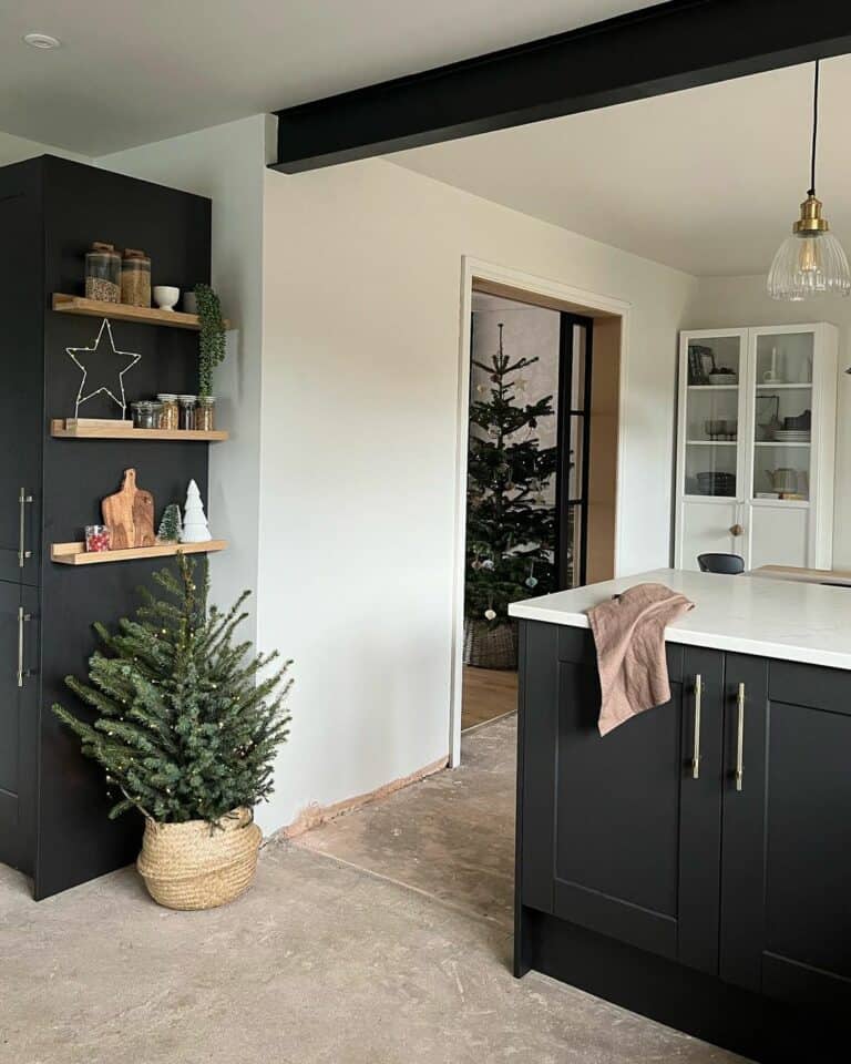 Black and White Kitchen with Christmas Tree