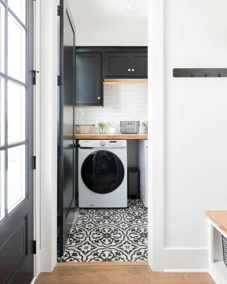 Black and White Laundry Room with Wood Accents