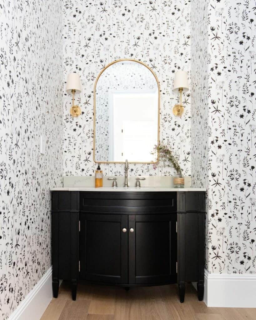 Black and White Powder Room Wallpaper with Organic Motif