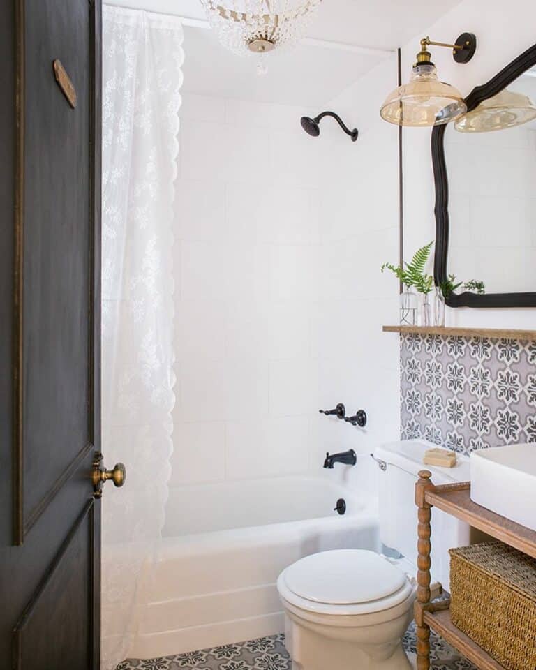 Black and White Small Bathroom with Natural Wood Décor