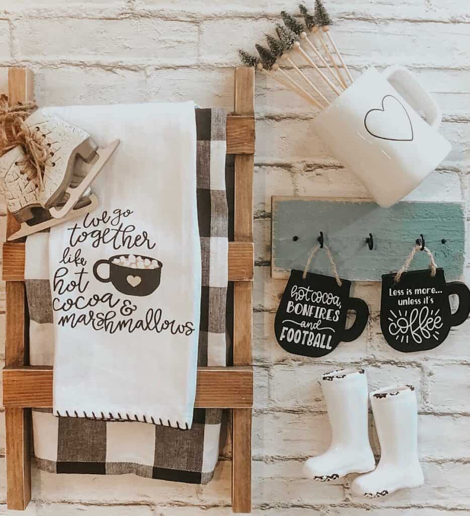 Black and White Tea Towels with Winter Decorations