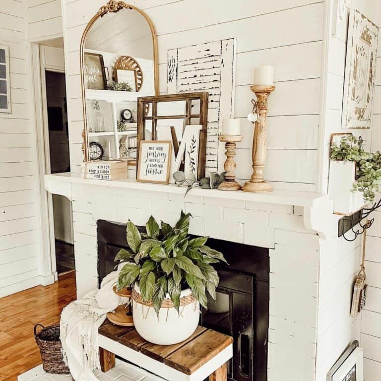Blend of Neutral and Woods Mantel Décor