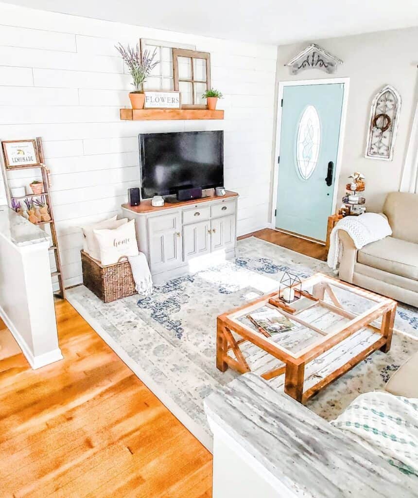 Blue Door in Farmhouse Living Room