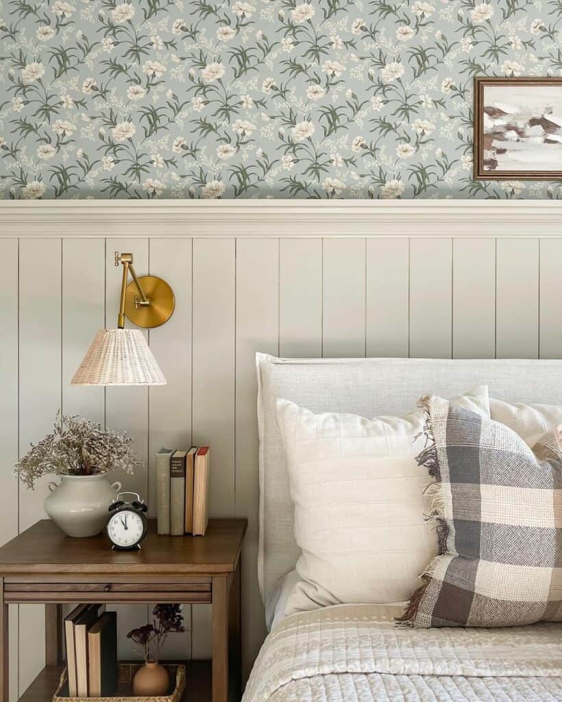 Blue Floral Wallpaper and White Wainscoting Bedroom