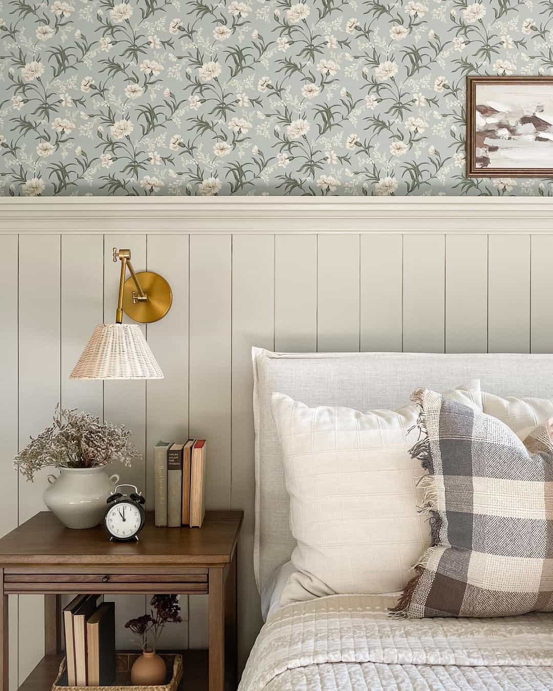 Blue Floral Wallpaper and White Wainscoting Bedroom Soul & Lane
