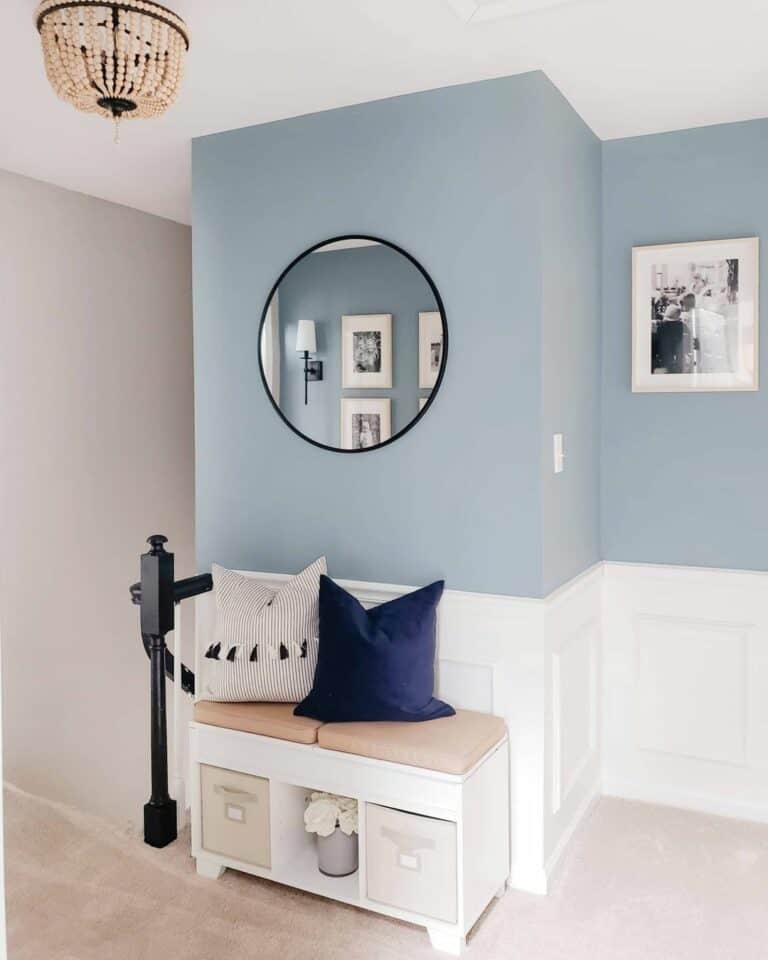 Blue Hallway Wall With White Wainscoting