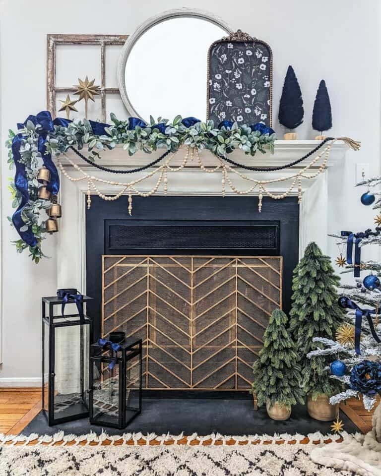 Blue Winter Décor on a White Mantel