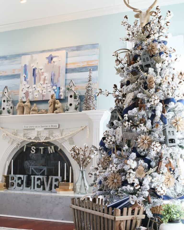 Blue and White Christmas Mantel