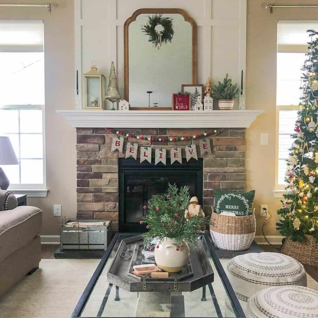 Brick Fireplace With Christmas Banner