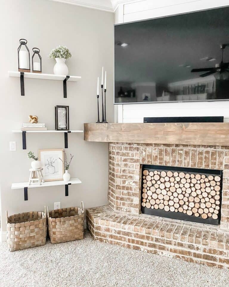 Brick Fireplace with Faux Stacked Log Screen