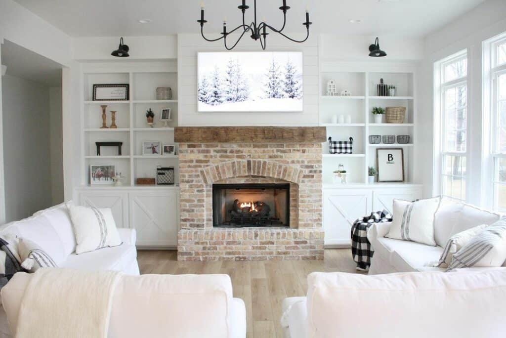 Brick Fireplace with White Décor