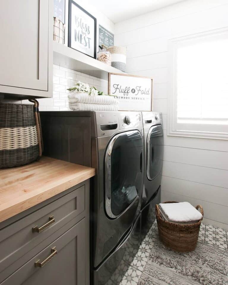 Bright Shiplap Laundry Room with Gray Cabinets