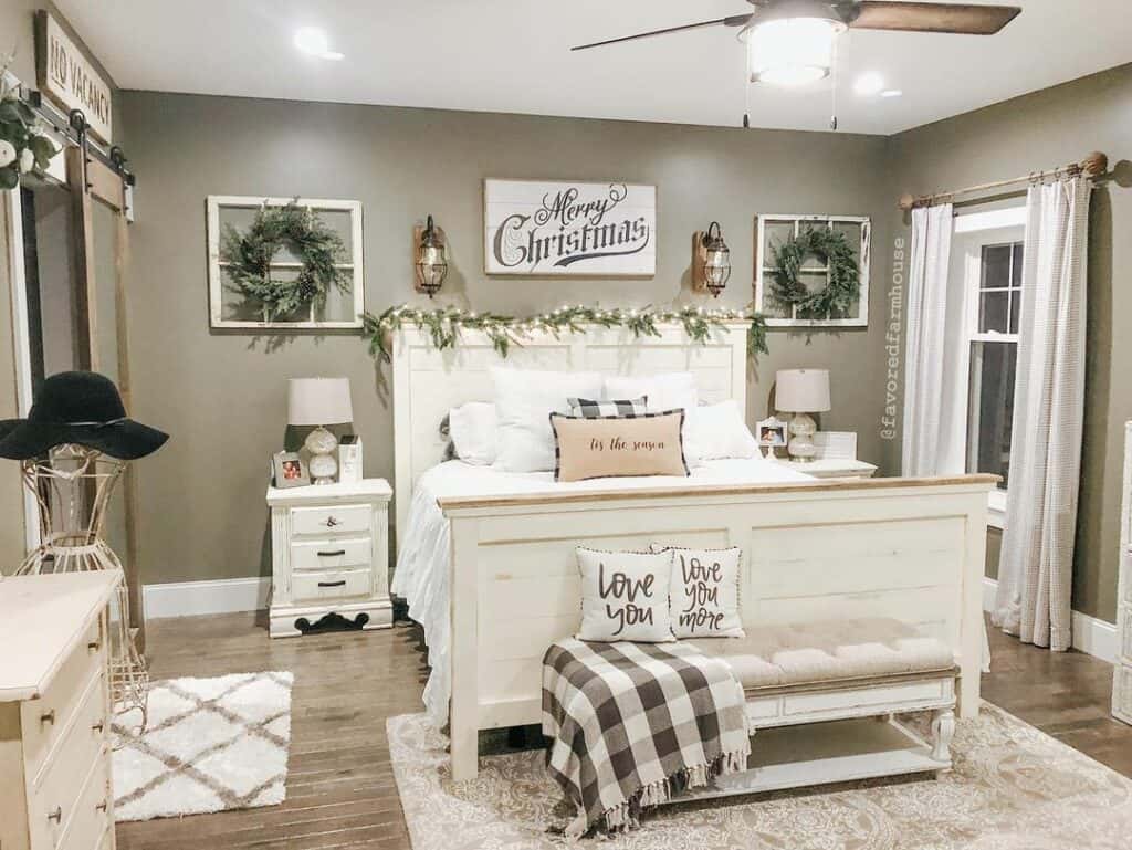Brown Buffalo Plaid Blanket on a White Bench in Front of the Bed
