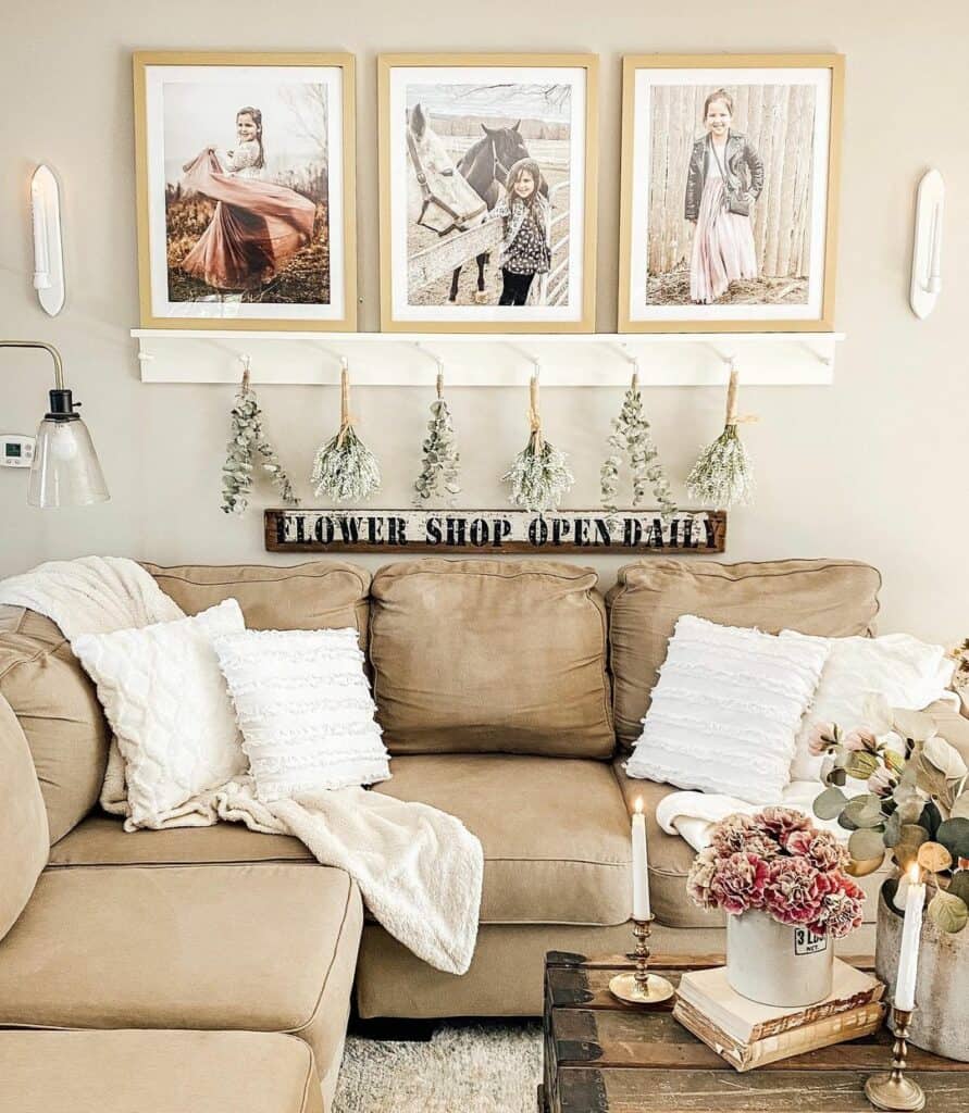 Brown Couch with White Throw Pillows