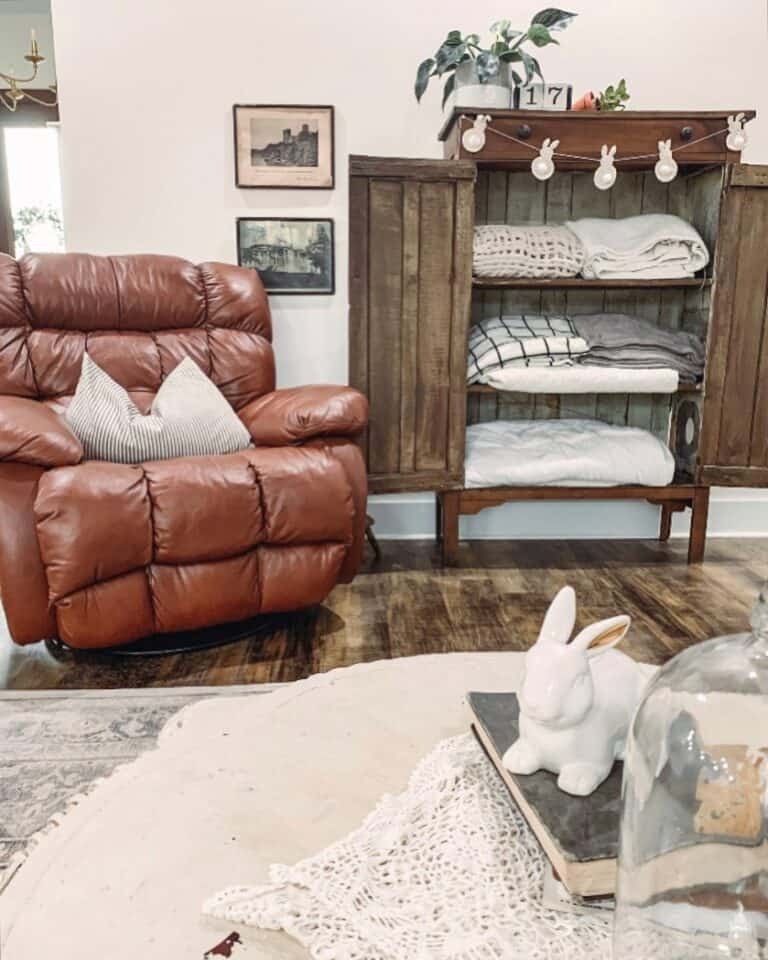 Brown Leather Armchair in Vintage Living Room