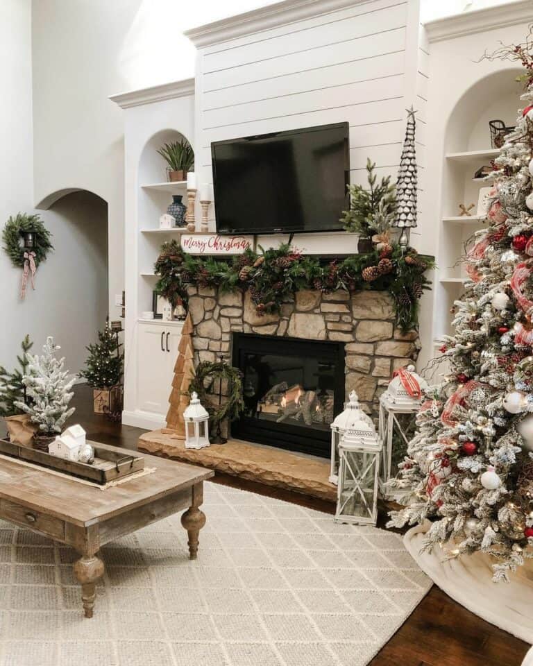 Brown Natural Stone Fireplace with Holiday Décor