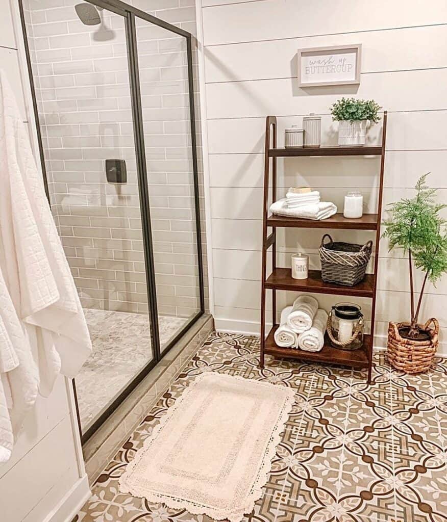 Brown Tile Shower with Stone Curb
