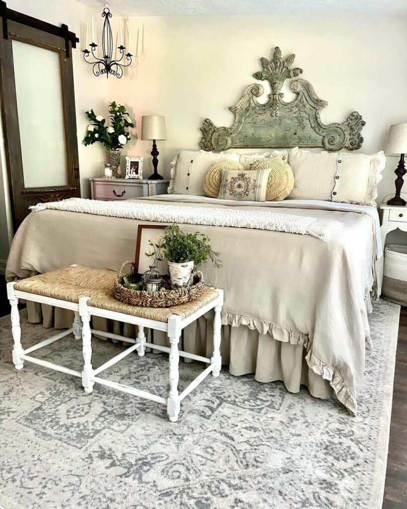 Brown Tray on a White Wood and Wicker Bench