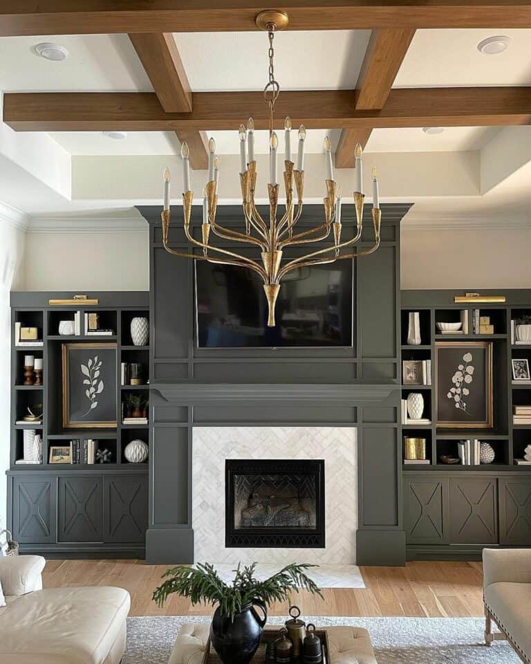 Charcoal Living Room with Gold Chandelier