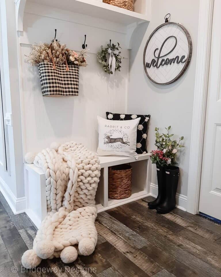 Charming Mudroom Includes White Cubby Bench