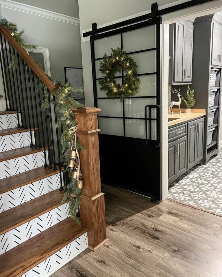 Chevron Staircase Decorated with Christmas Garland