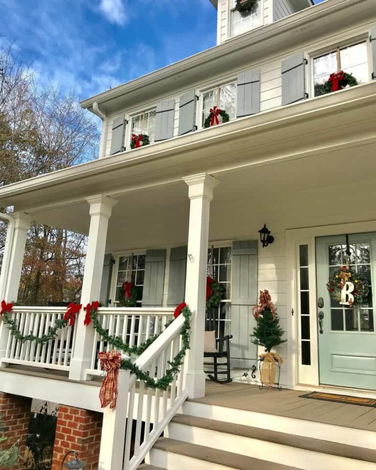 Christmas Farmhouse Porch with White Columns