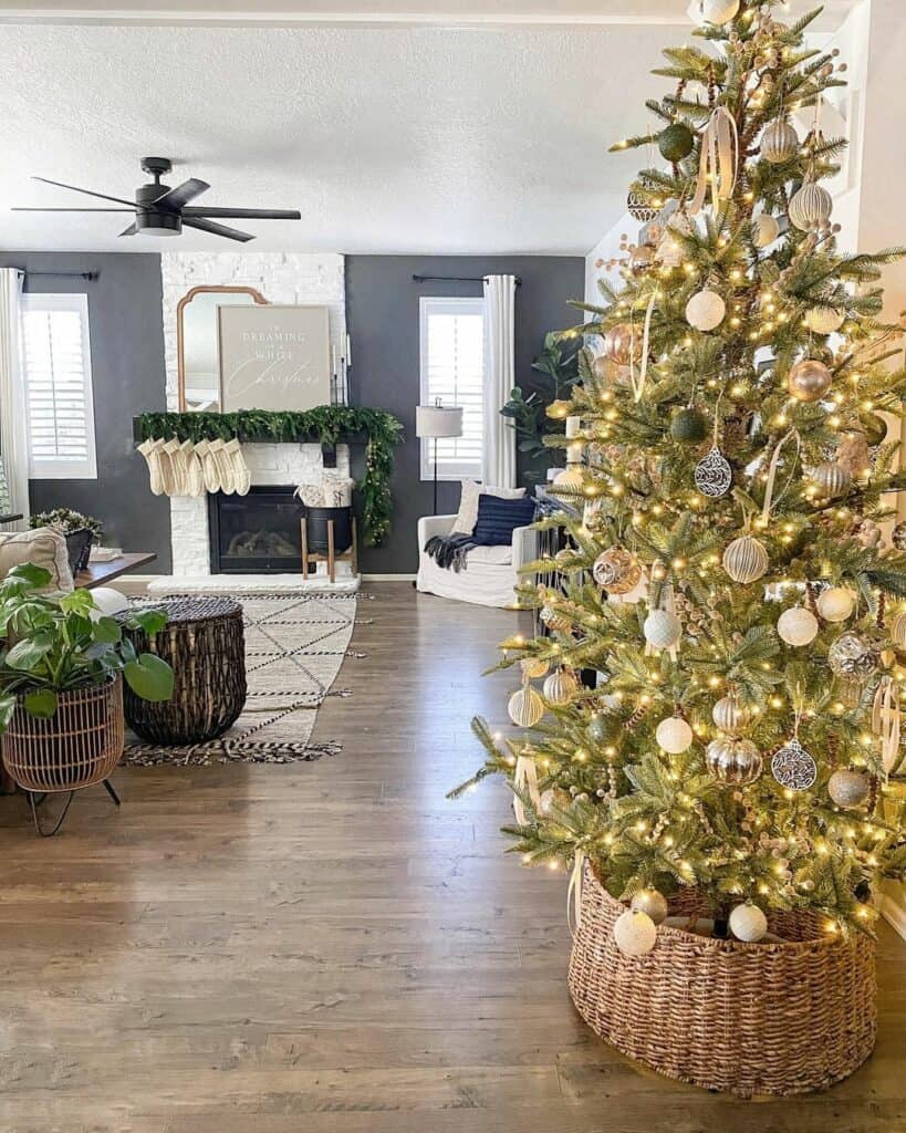 Christmas Tree with Basket Tree Collar in Gray and White Living Room