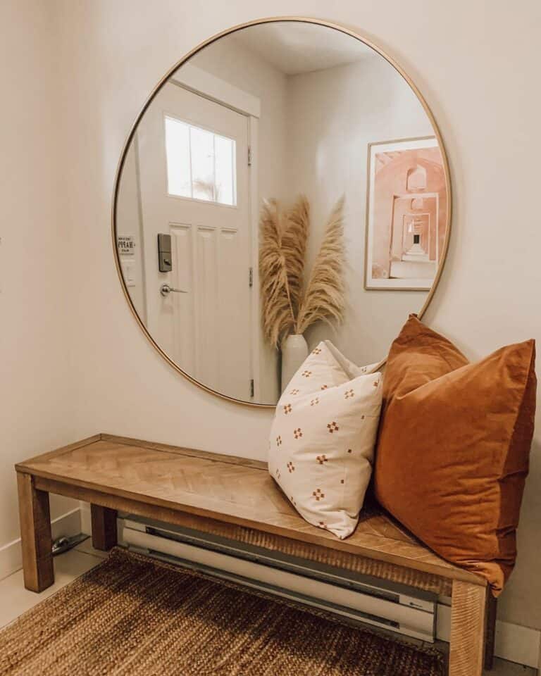 Circular Mirror Entryway with Wood Bench