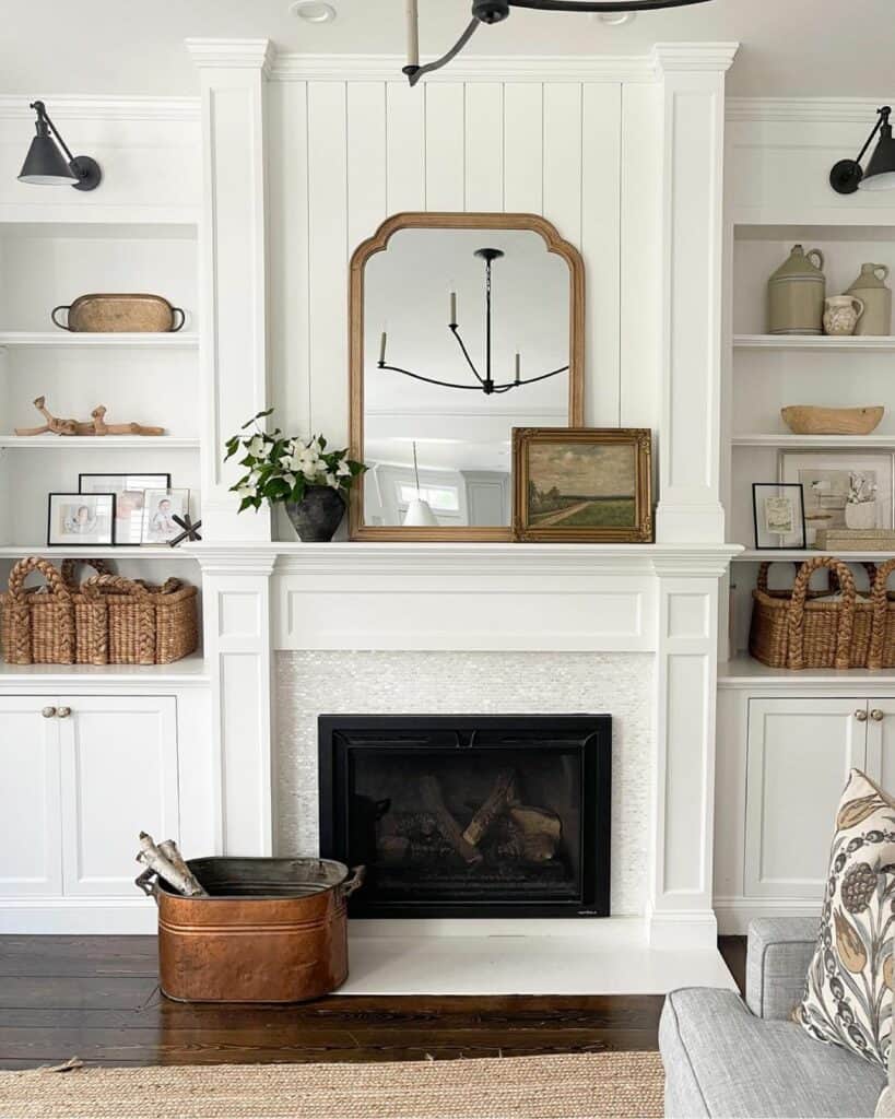 Classic White Fireplace with Matching Shelves