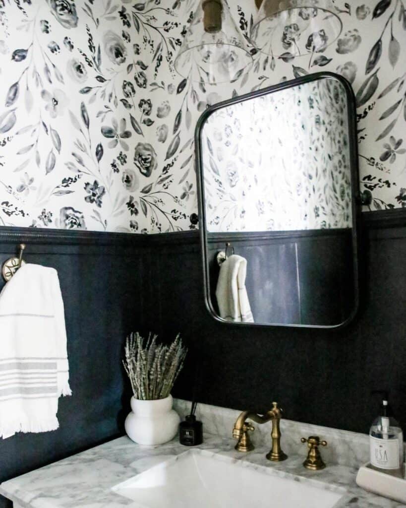 Classy Black and White Floral Powder Room