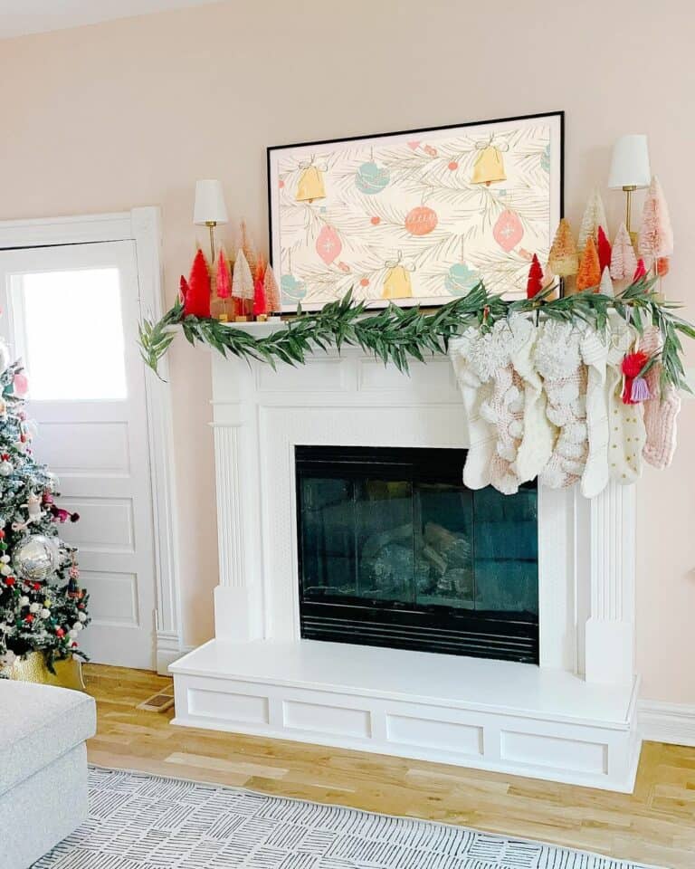 Colorful Artwork and Bottle Brush Trees Mantel Décor