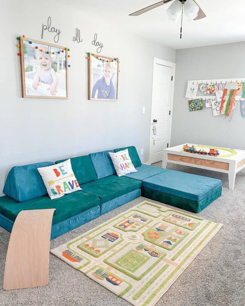 Colorful Playroom with Teal Sofa