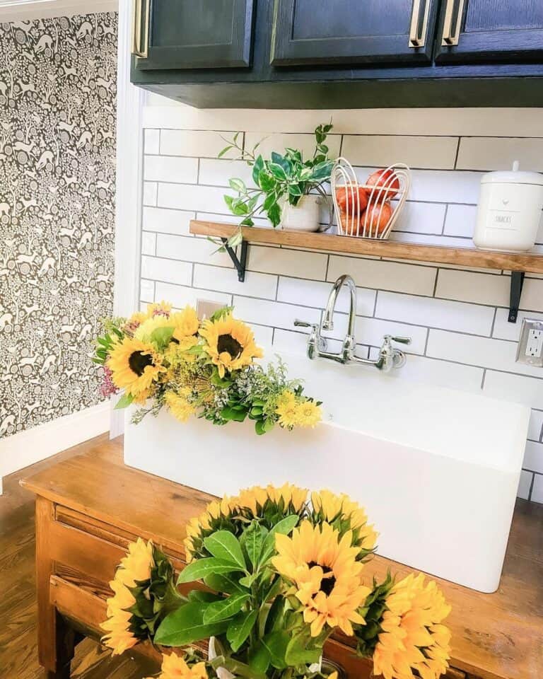 Curved Patterned Wallpaper Brightened by Sunflowers
