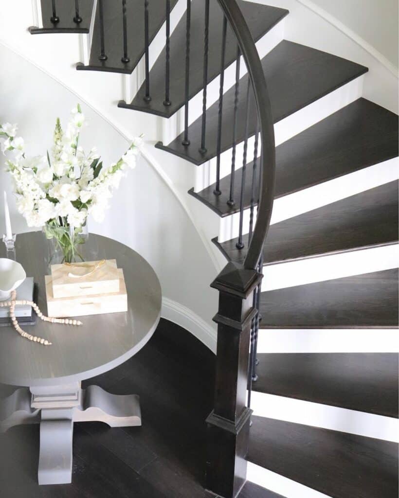 Curved White Stairs With Dark Wood Treads