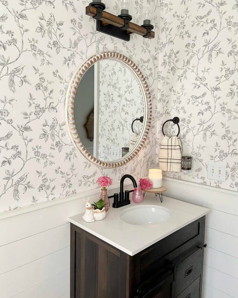 Dainty Light Grey Floral Wallpaper for Powder Room