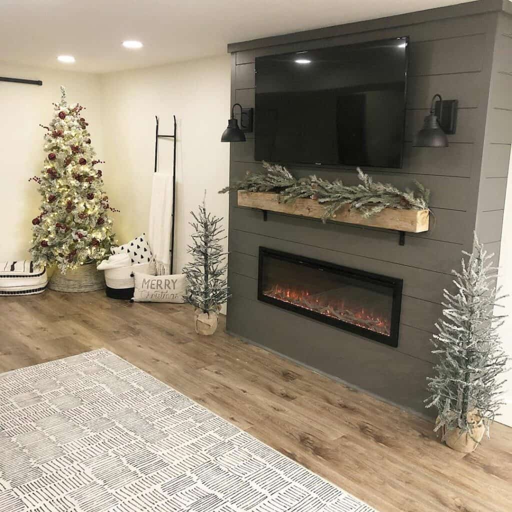 Dark Shiplap Fireplace with Christmas Decorations