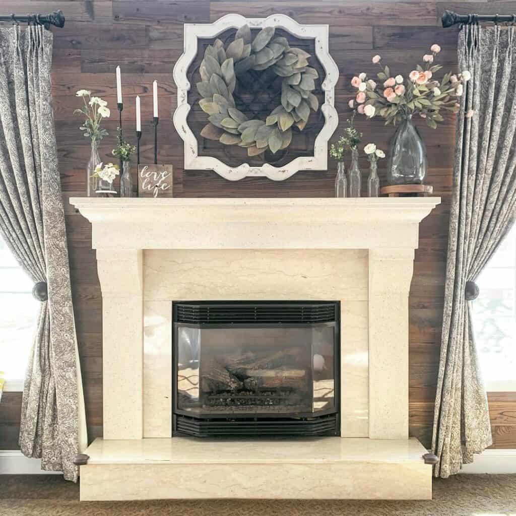 Dark Shiplap Living Room with White Farmhouse Fireplace