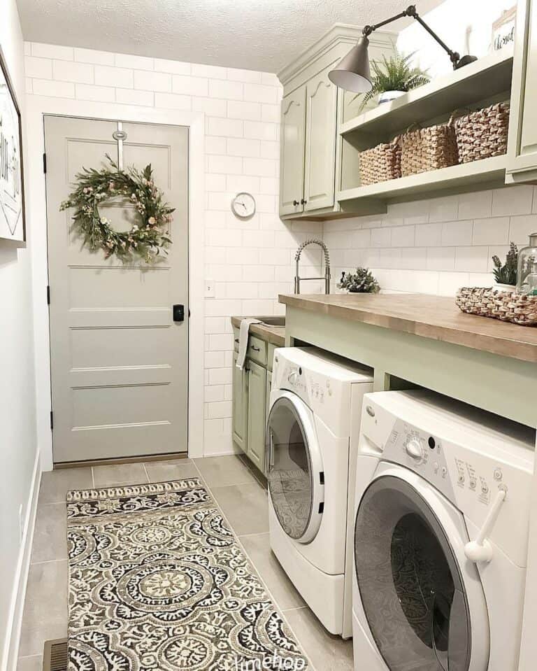 Decorative Beige Area Rug on a Light Brown Tile Floor