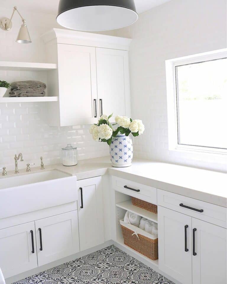 Decorative Tile Floor in a White Laundry Room