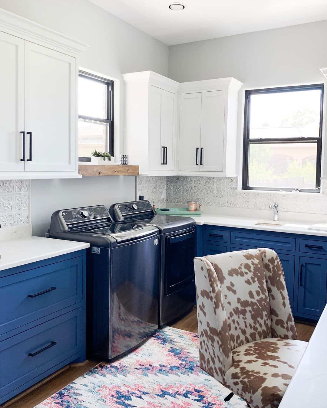Decorative White Backsplash and Deep Blue Cabinets - Soul & Lane