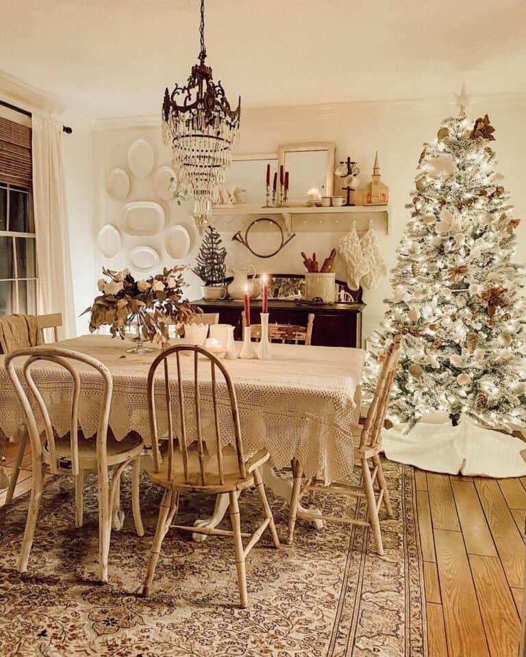 Dining Room Christmas Tree with White Tree Skirt