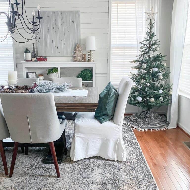 Dining Room Christmas Tree with White and Silver Decorations