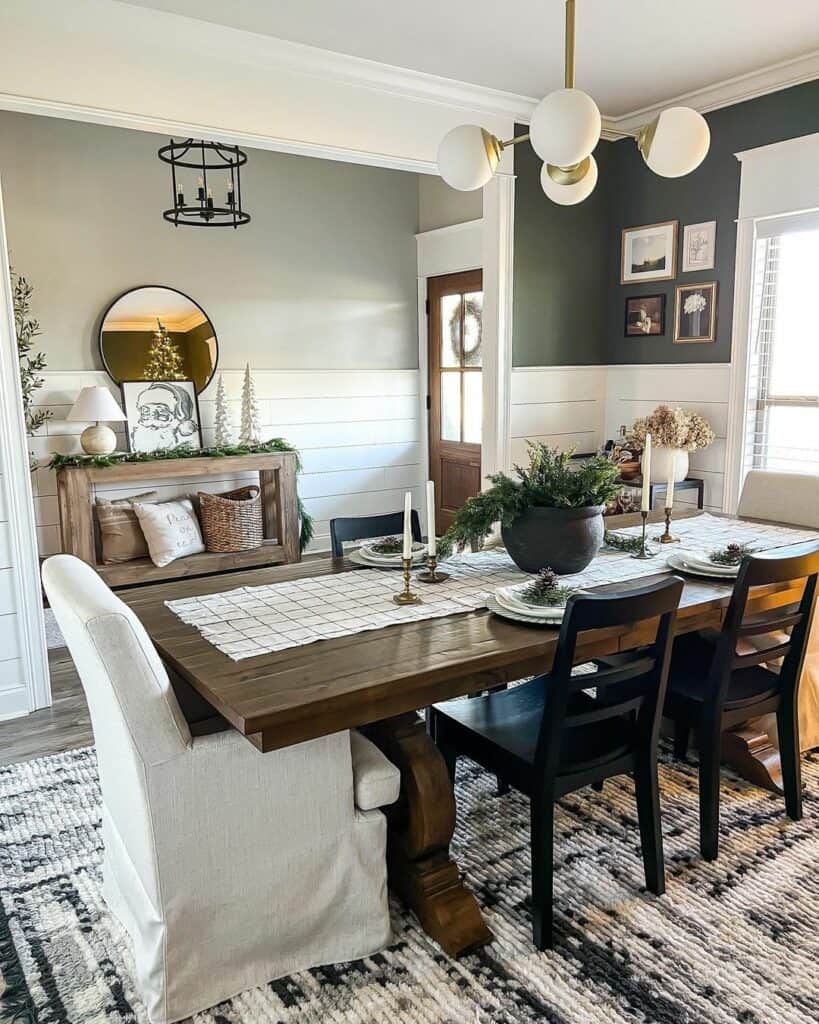 Dining Room with Gray Walls and White Shiplap Wainscoting