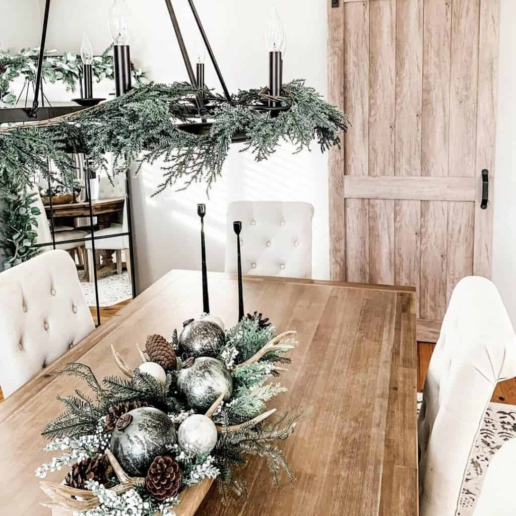 Dining Table Centerpiece With Silver Christmas Ornaments Soul Lane dining-table-centerpiece-with-silver-christmas-ornaments-soul-lane