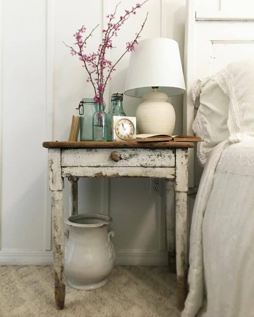 Distressed Wood Nightstand with Pink Flower Branches